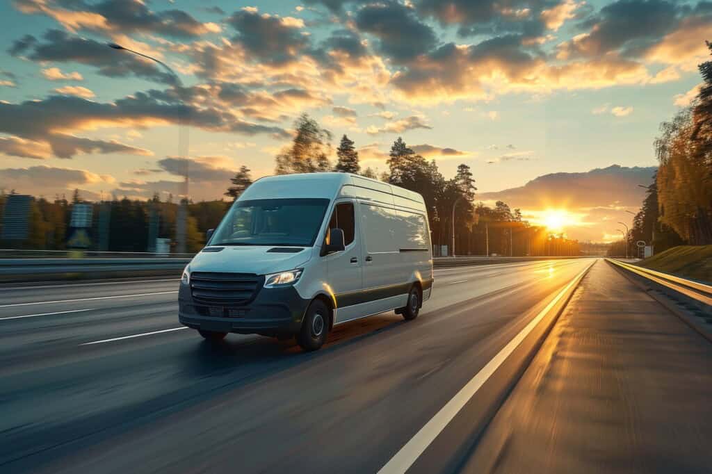 A white van is on the road with the beautiful sunset